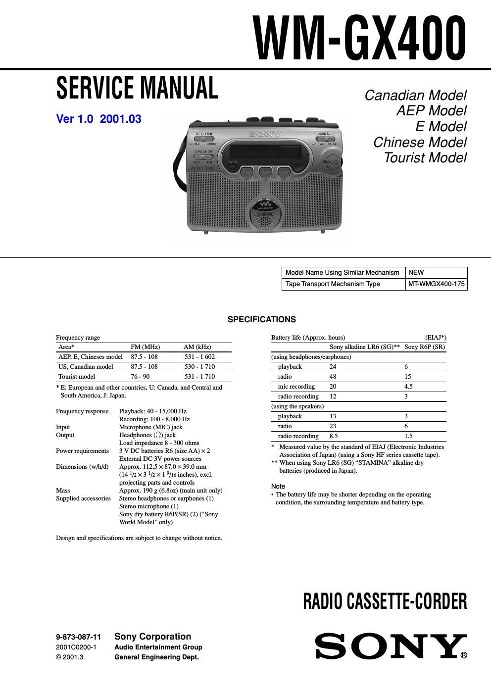 sony wm gx 400 service manual