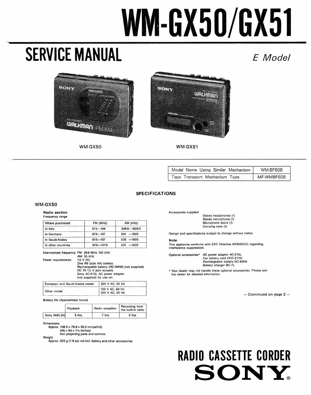 sony wm gx 51 service manual
