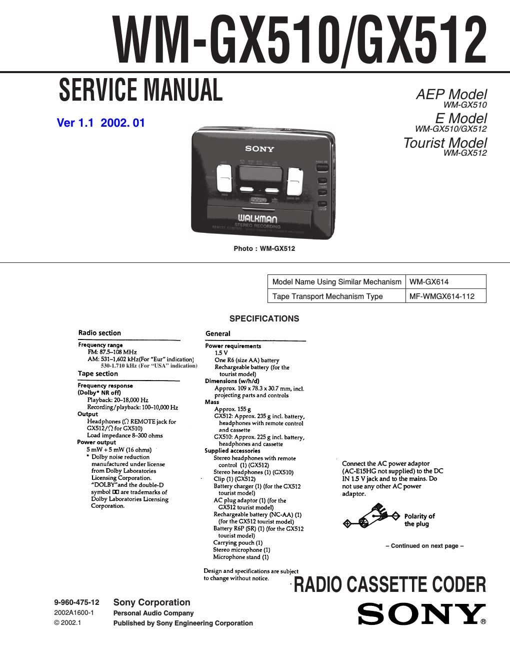 sony wm gx 512 service manual