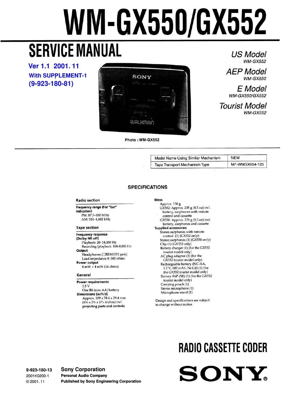 sony wm gx 550 service manual