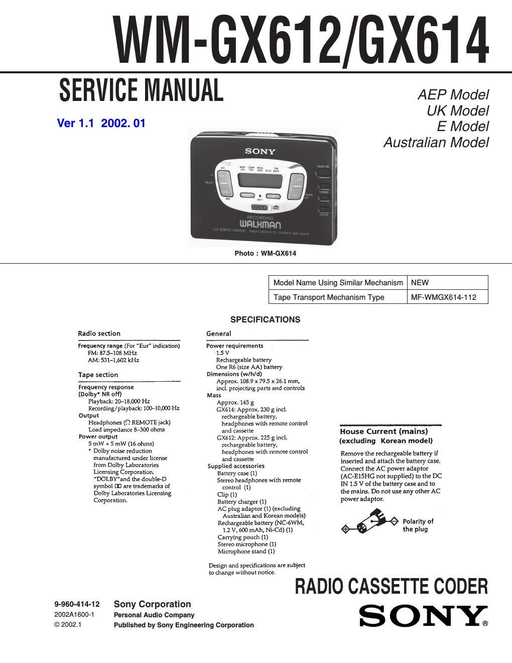 sony wm gx 614 service manual