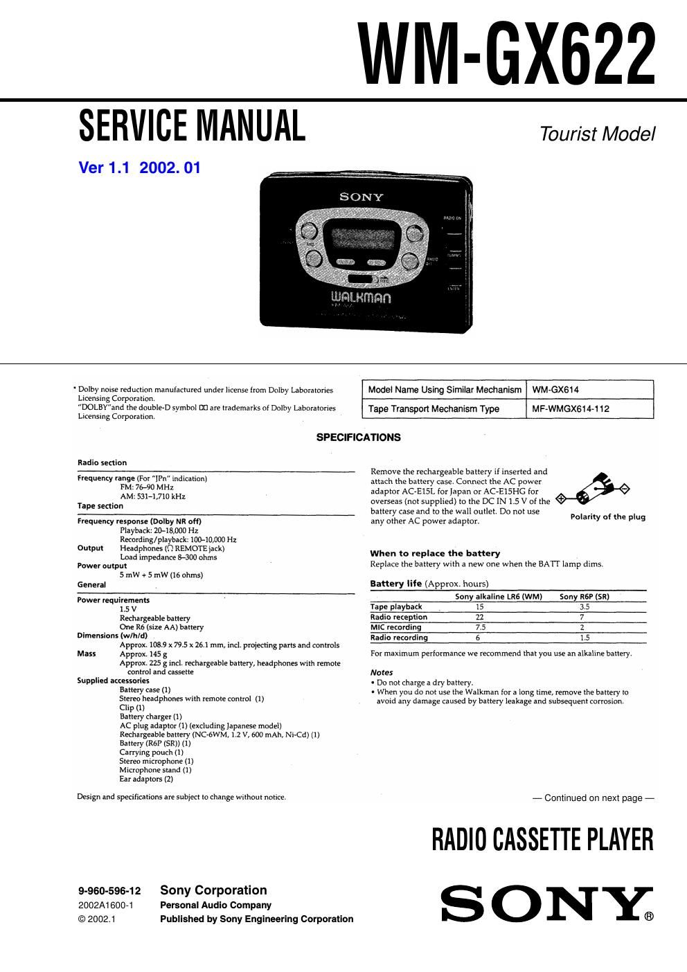 sony wm gx 622 service manual