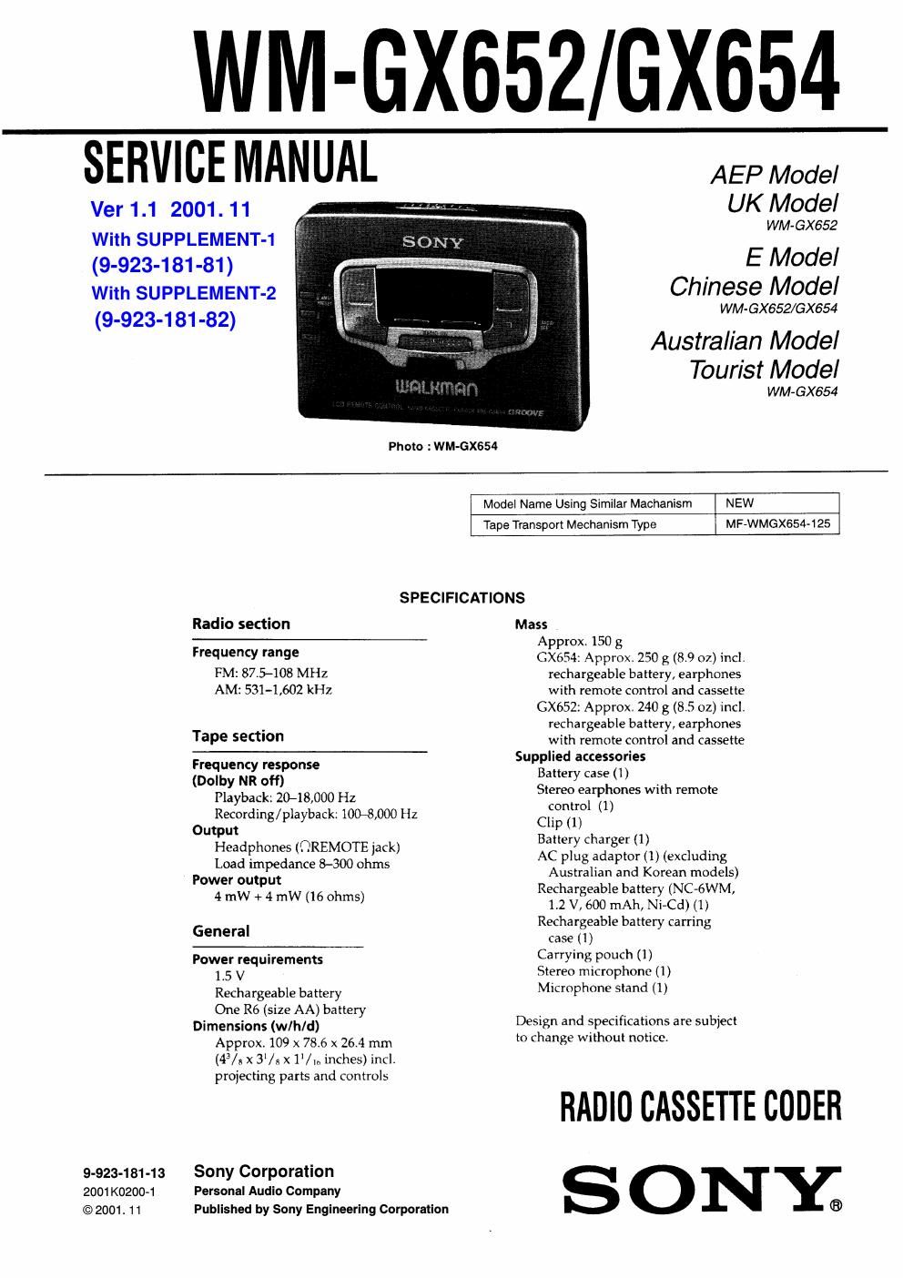 sony wm gx 652 service manual