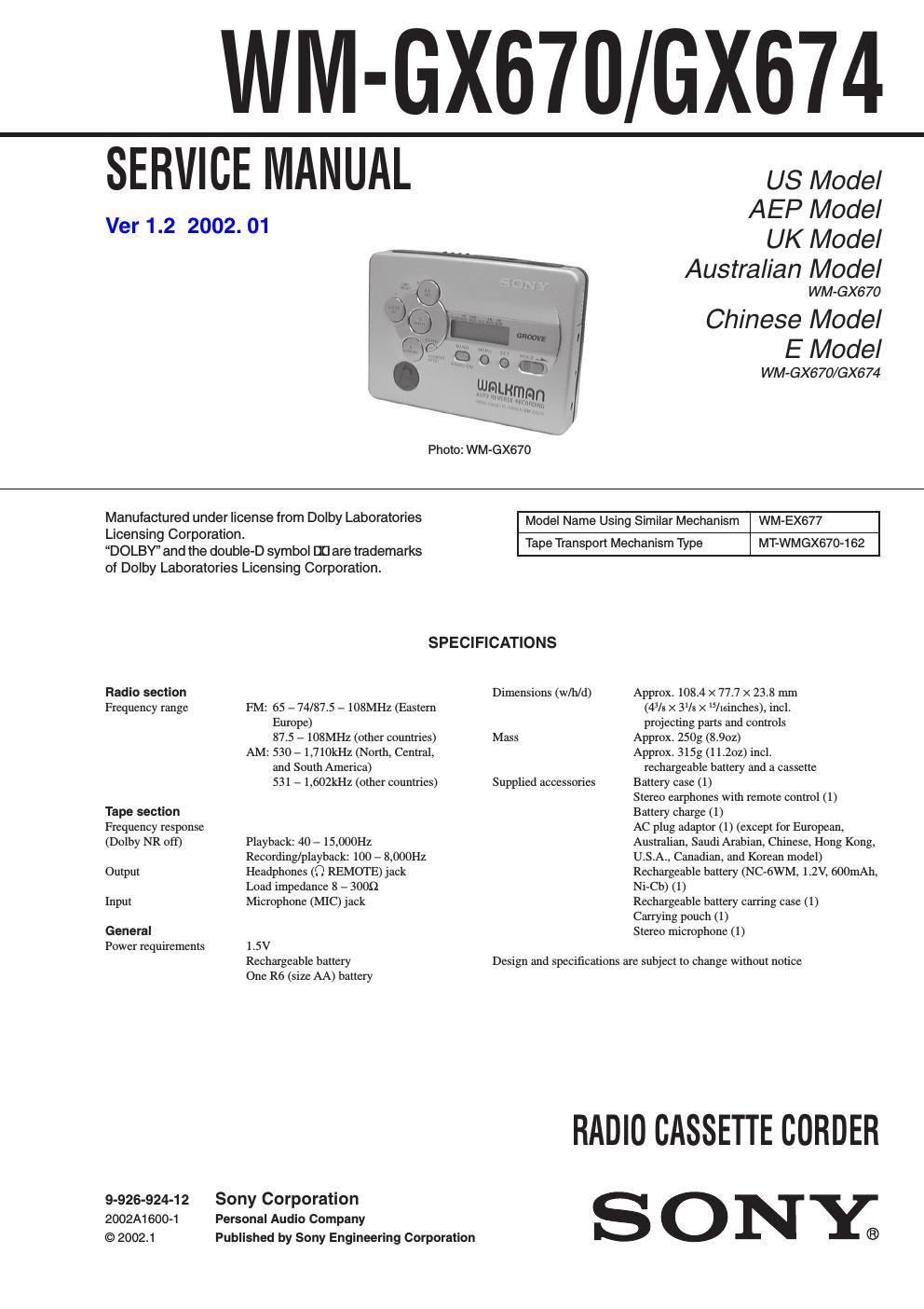 sony wm gx 670 service manual