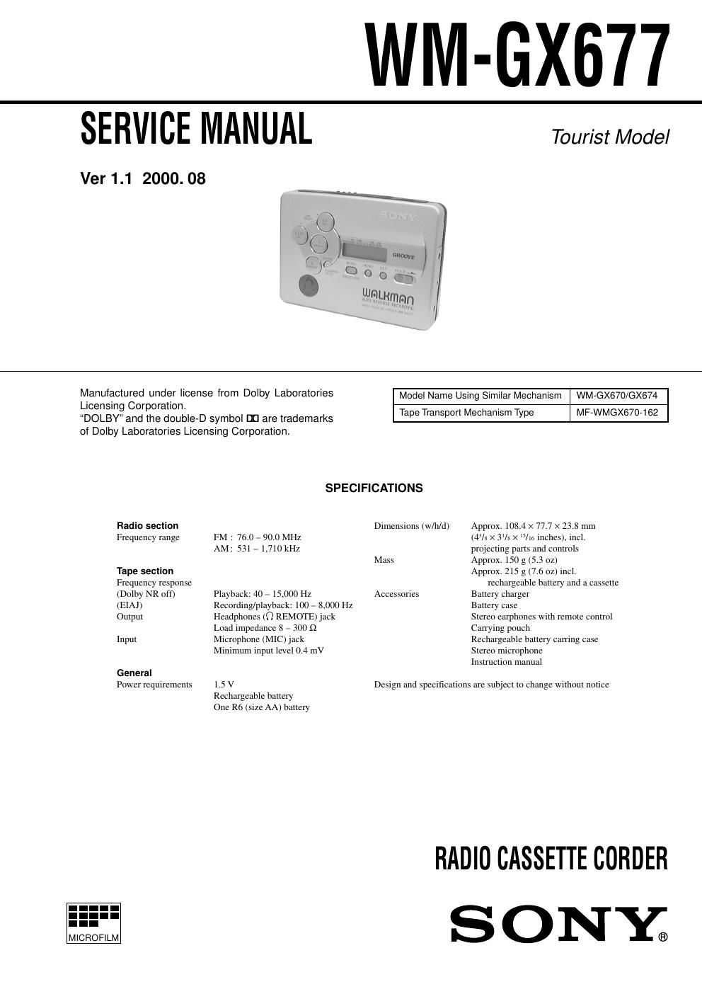 sony wm gx 677 service manual