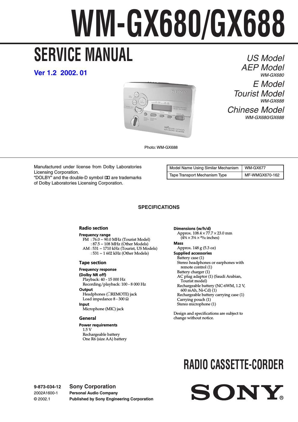 sony wm gx 680 service manual