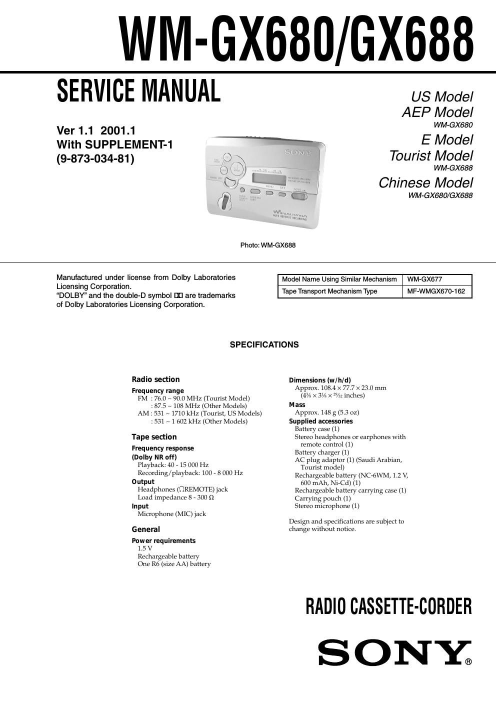 sony wm gx 688 service manual