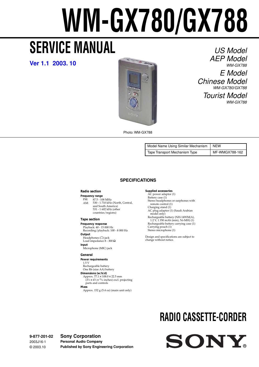 sony wm gx 780 service manual