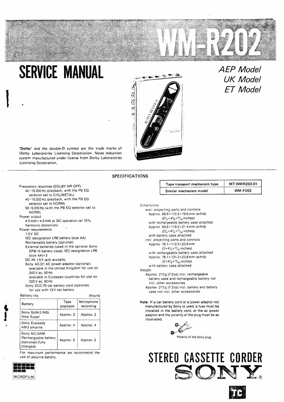 sony wm r 202 service manual