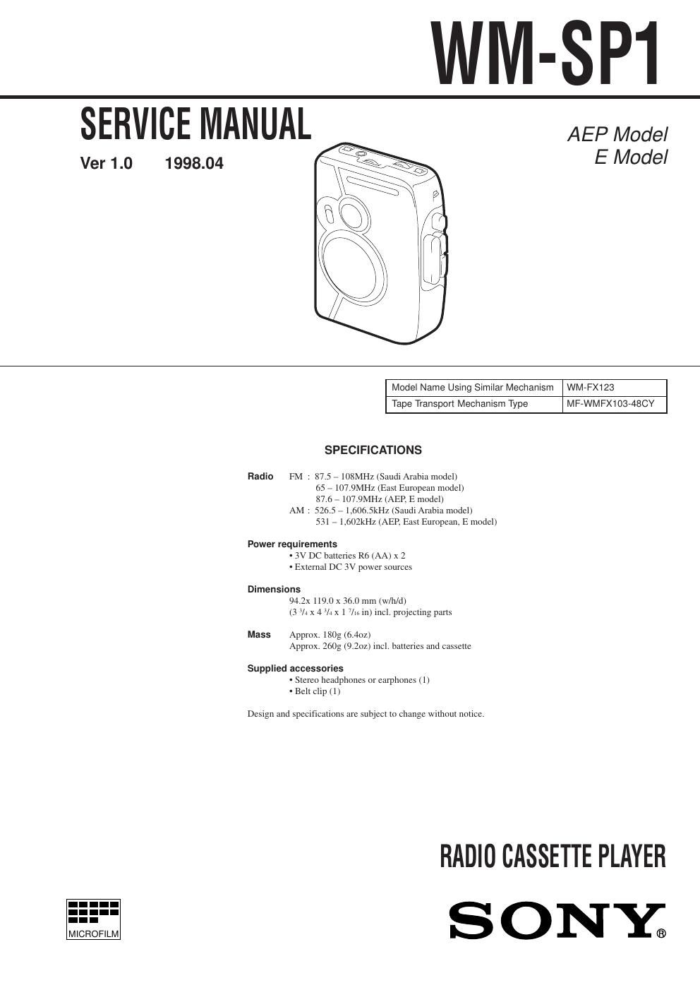 sony wm sp 1 service manual