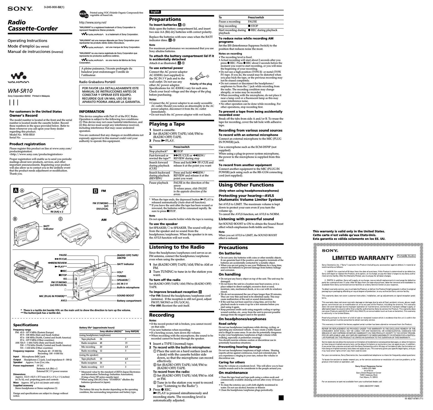 sony wm sr 10 owners manual