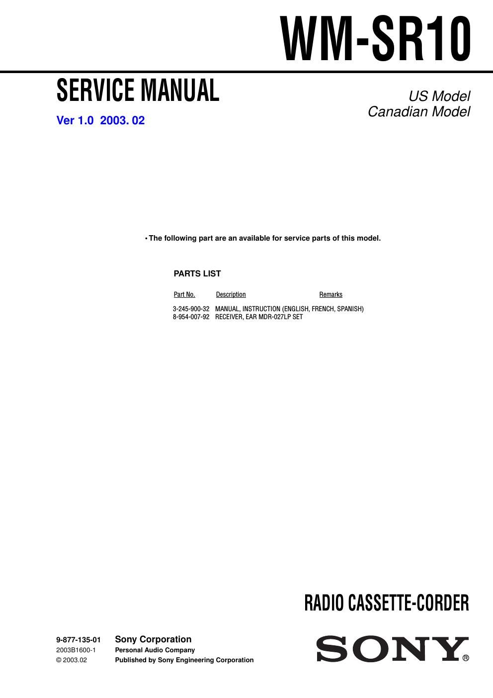 sony wm sr 10 service manual