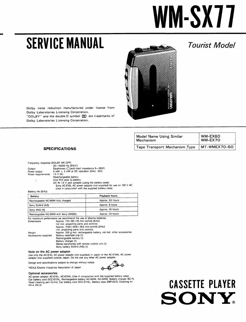 sony wm sx 77 service manual