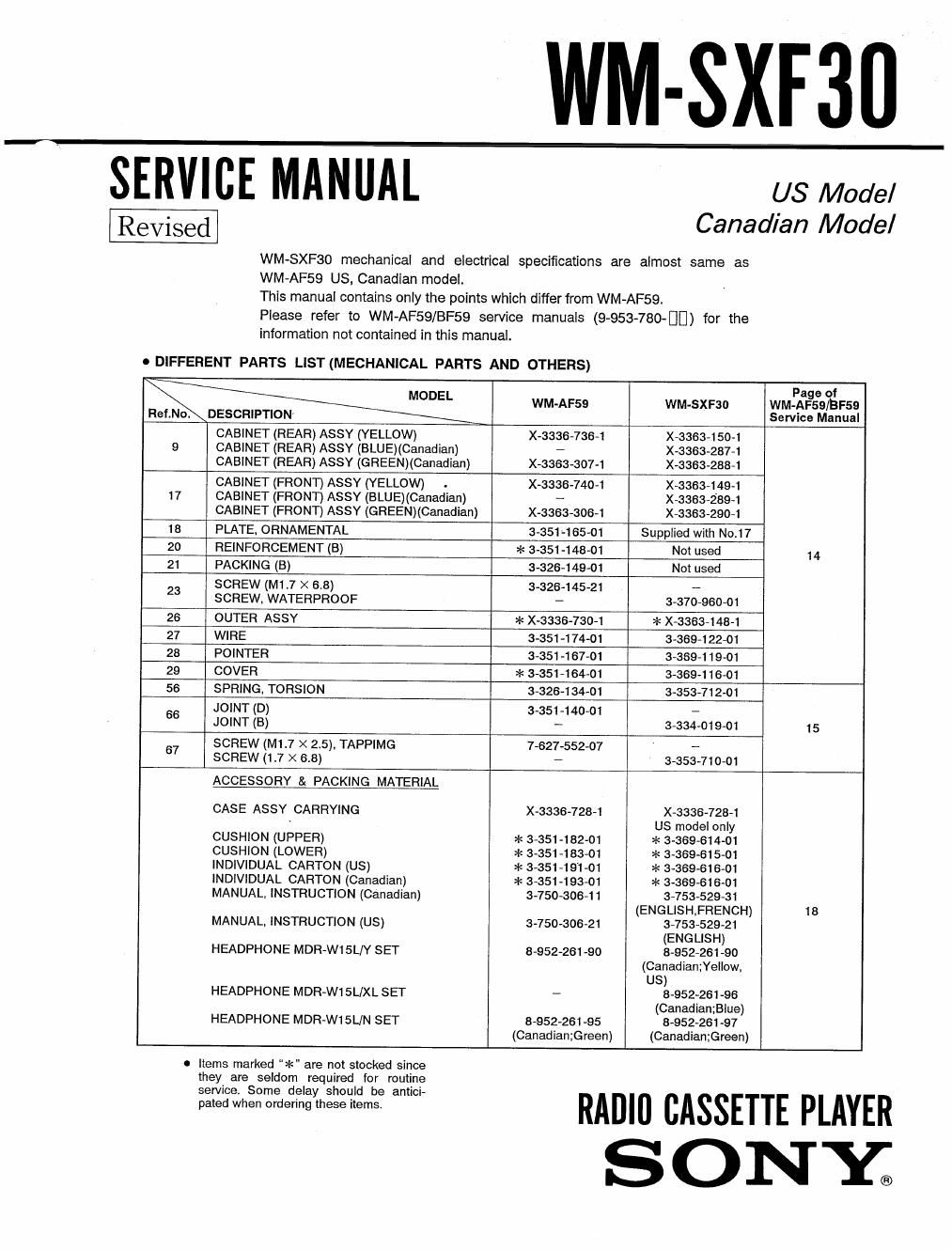 sony wm sxf 30 service manual