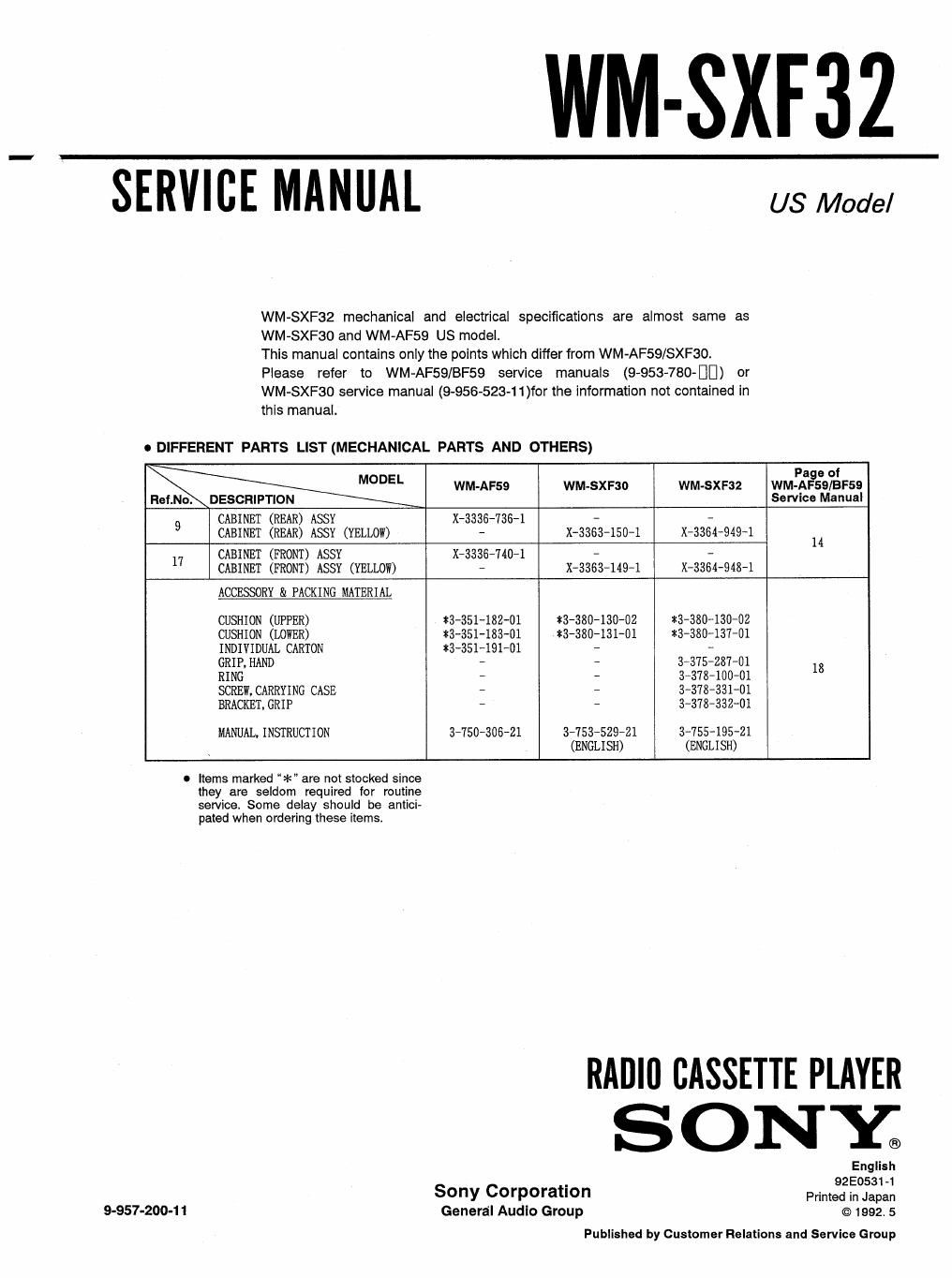 sony wm sxf 32 service manual