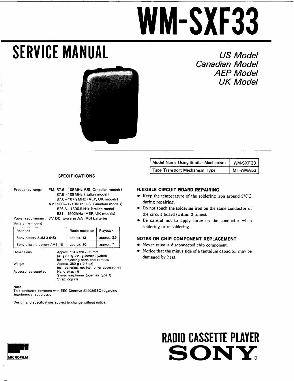 sony wm sxf 33 service manual