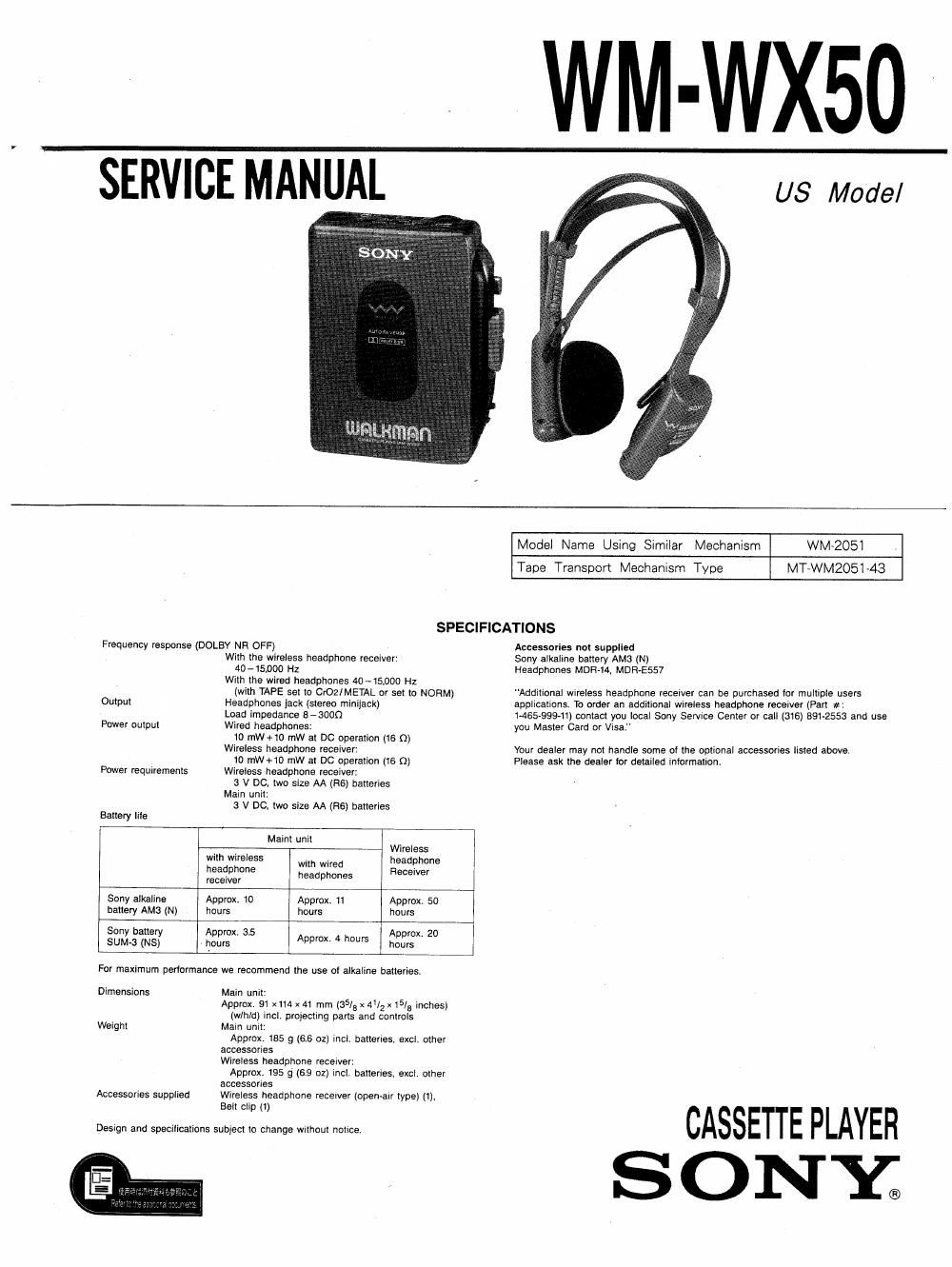 sony wm wx 50 service manual