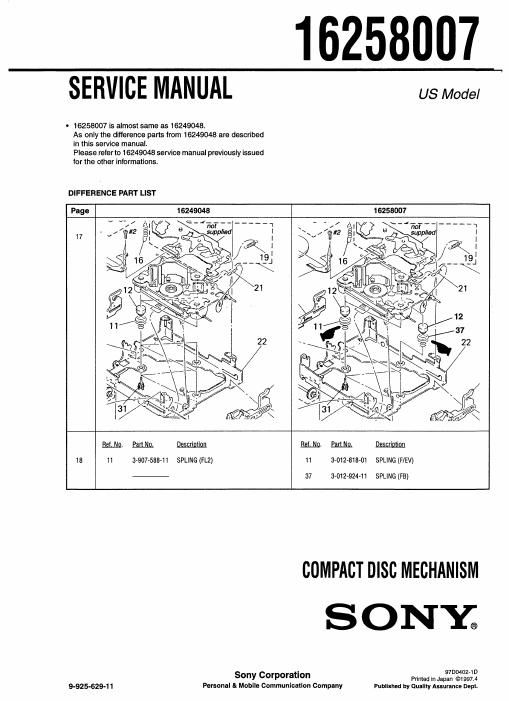 sony 16258007 service manual