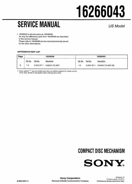 sony 16266043 service manual