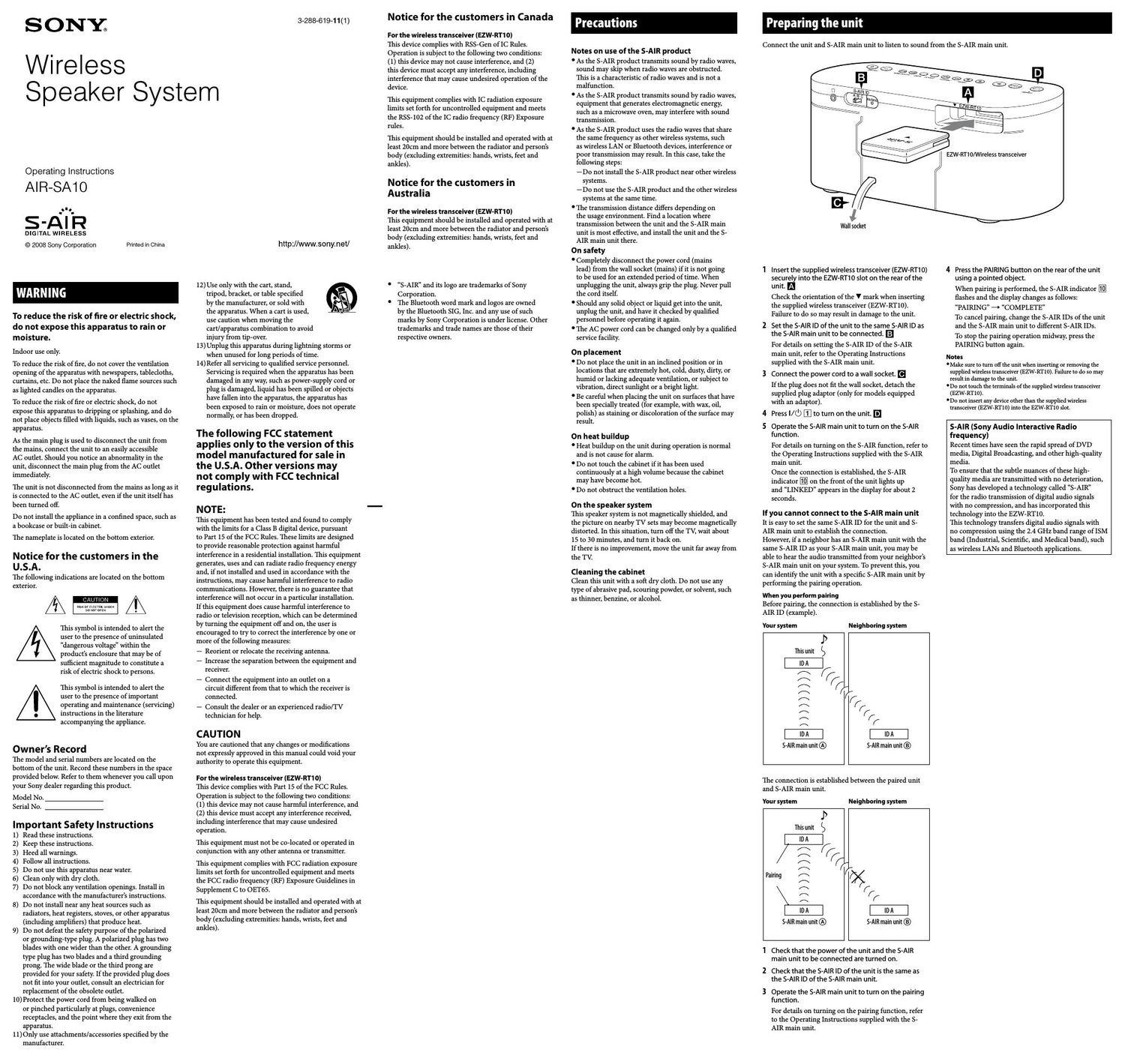 sony airsa 10 owners manual