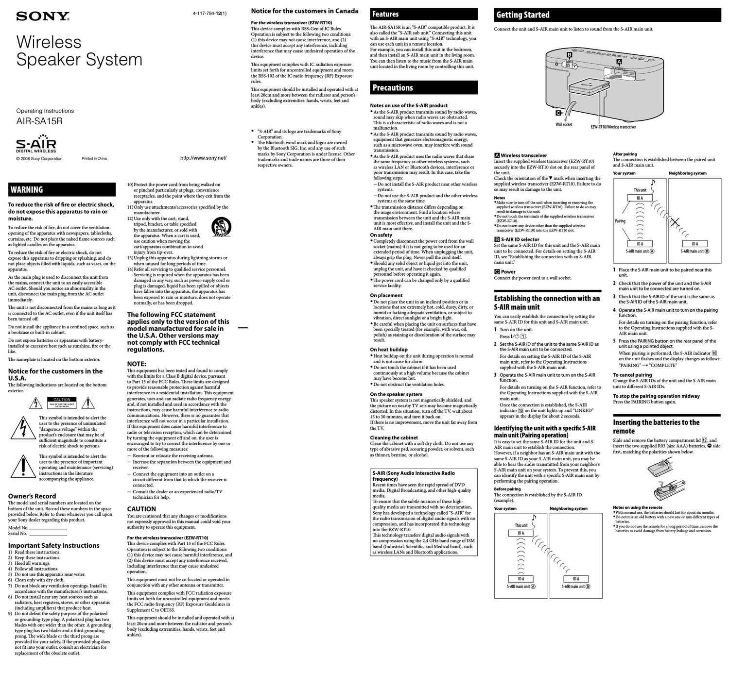 sony airsa 15 r owners manual