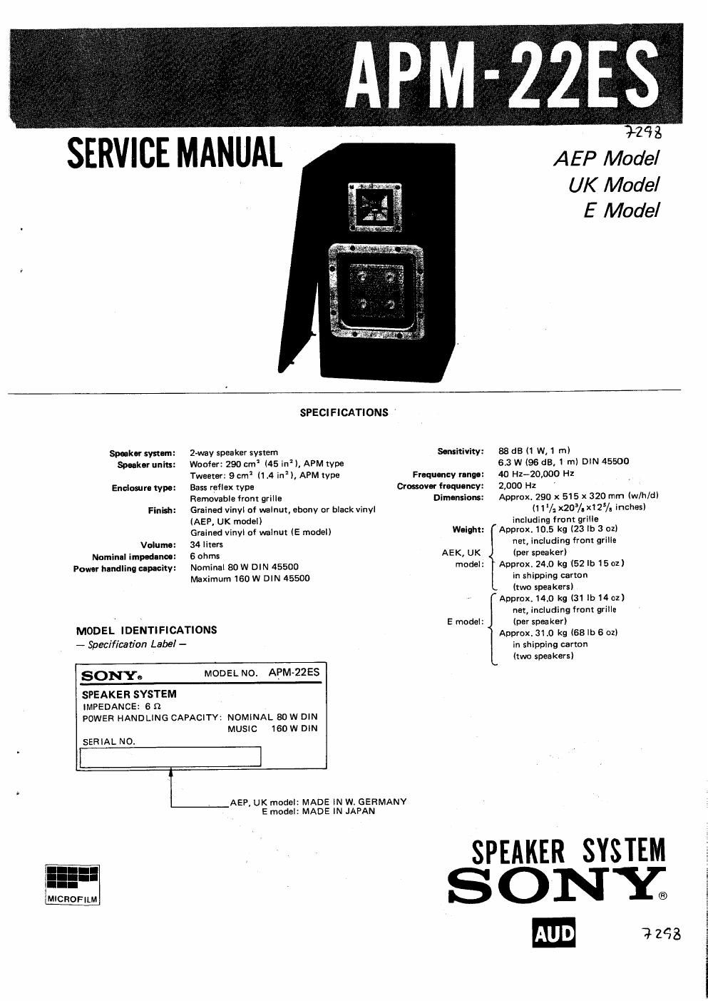 sony apm 22 es service manual