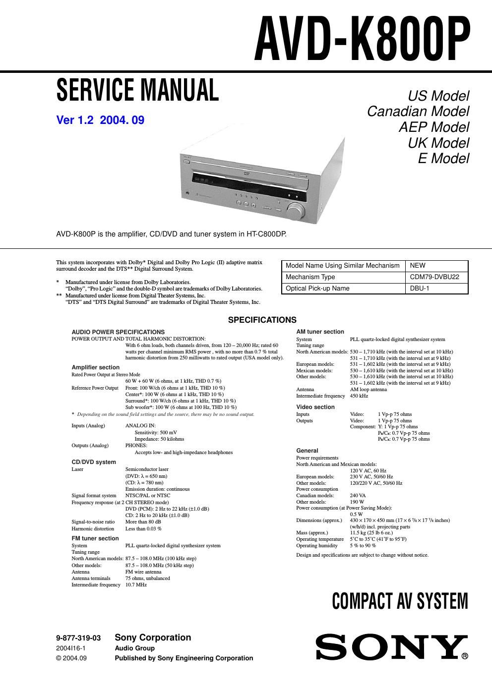 sony avd k 800 p service manual