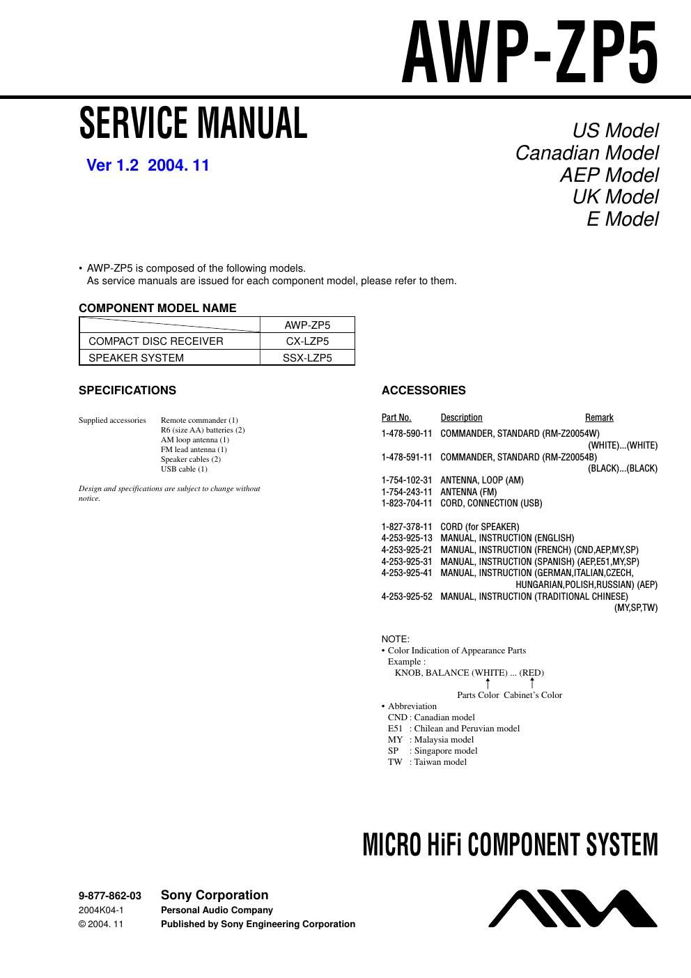 sony awp zp 5 service manual