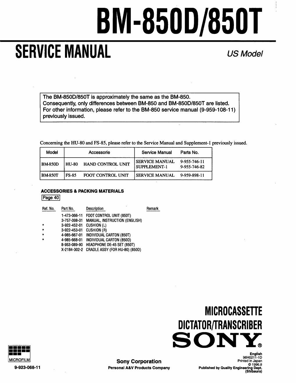 sony bm 850 t service manual