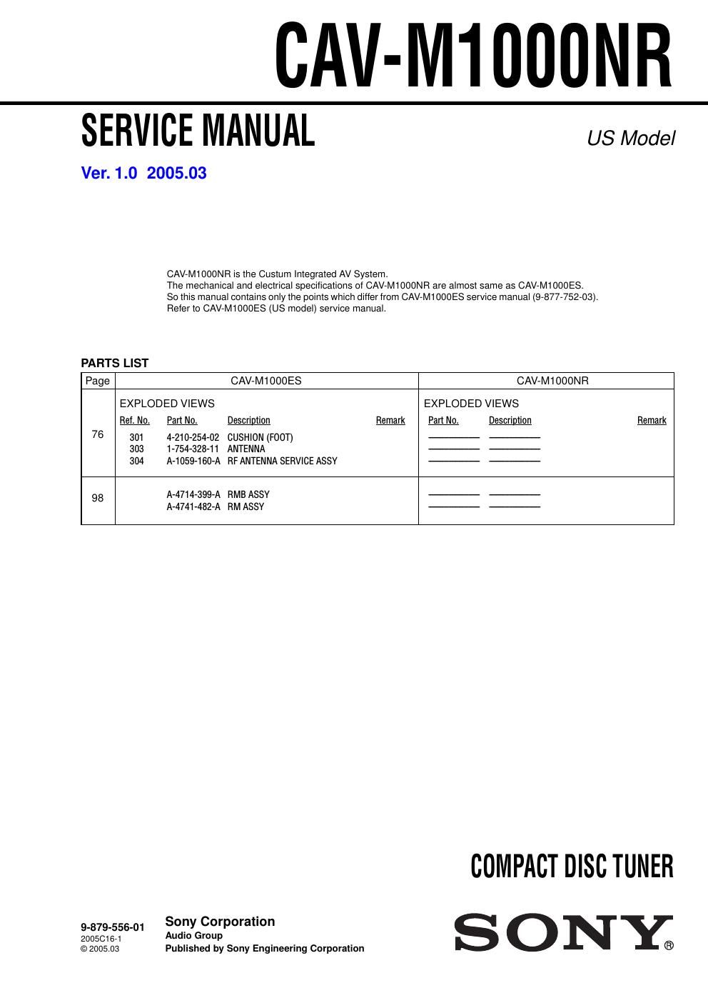 sony cav m 1000 nr service manual