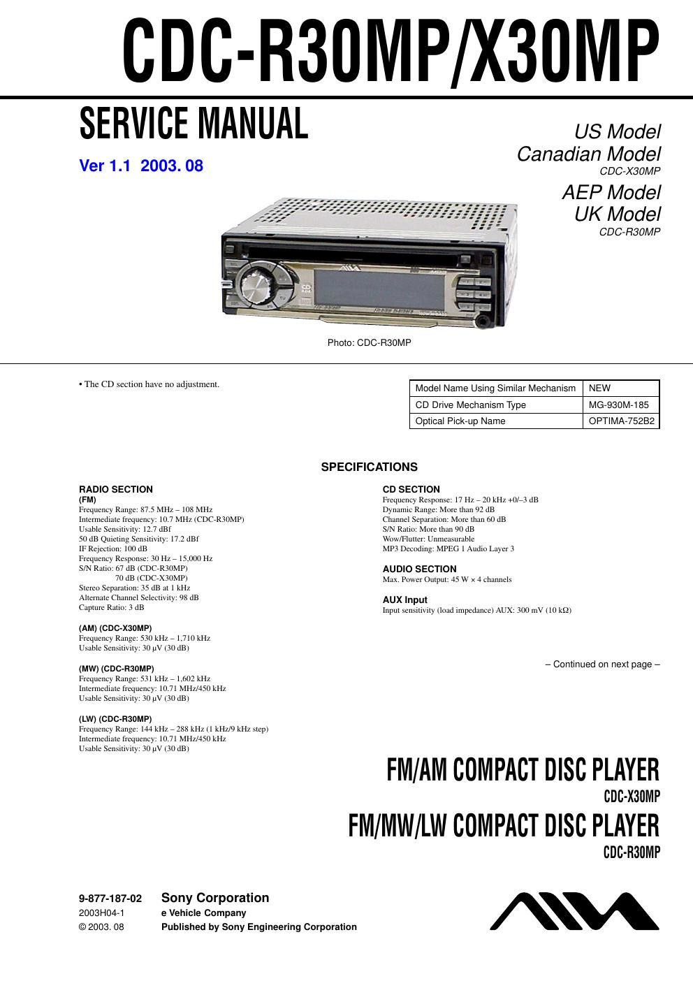 sony cdc r 30 mp service manual
