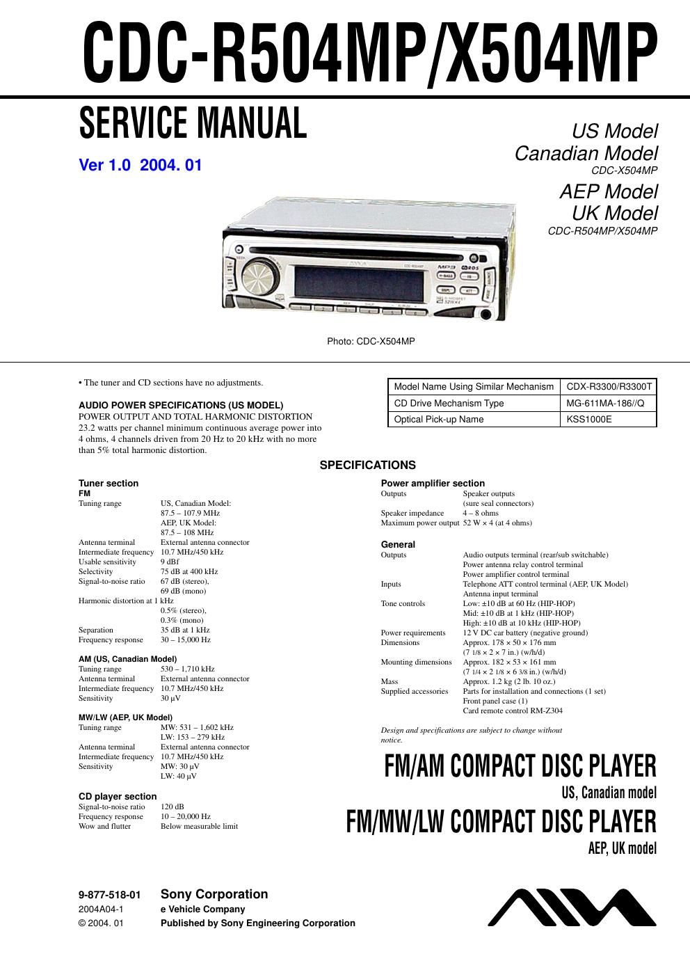 sony cdc r 504 mp service manual