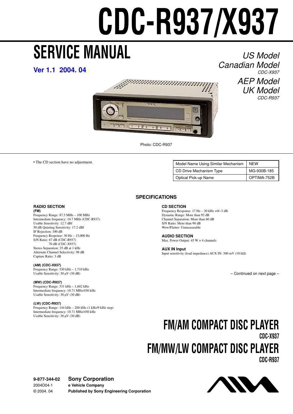 sony cdc r 937 service manual