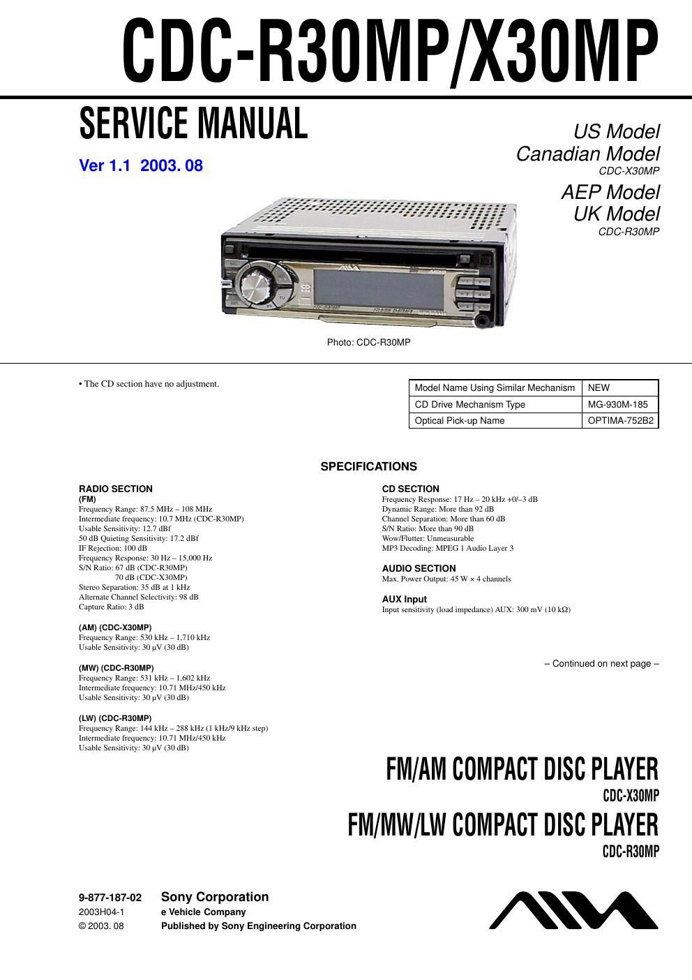 sony cdc x 30 mp service manual