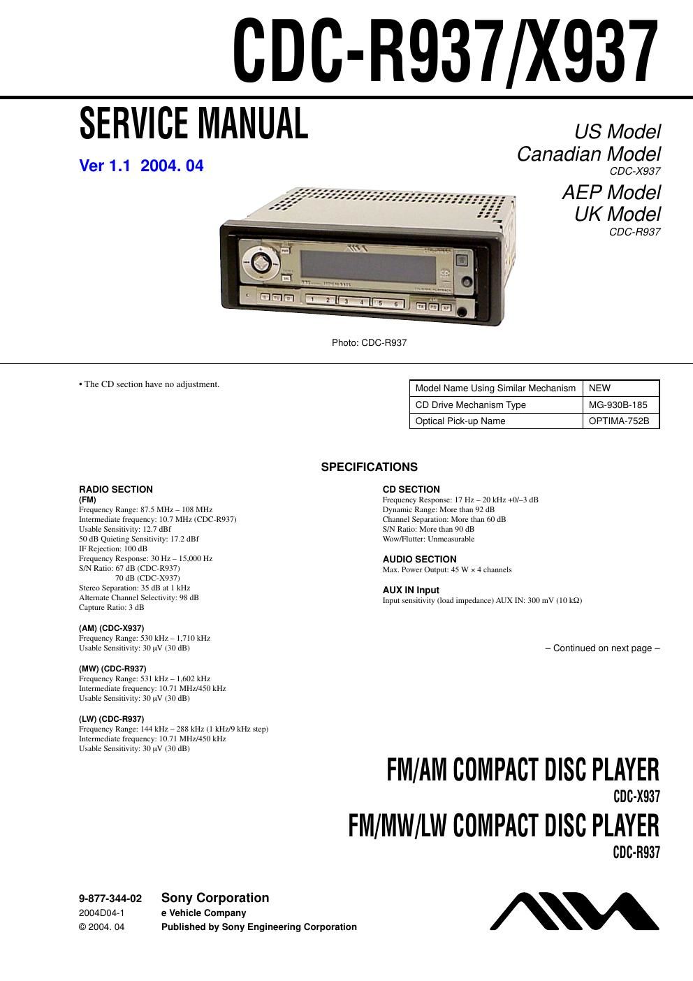 sony cdc x 937 service manual