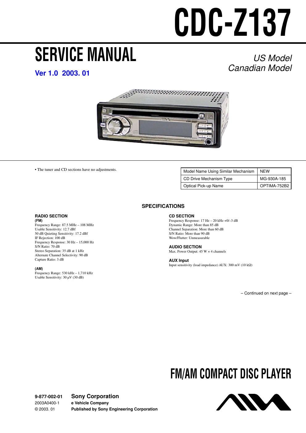 sony cdc z 137 service manual