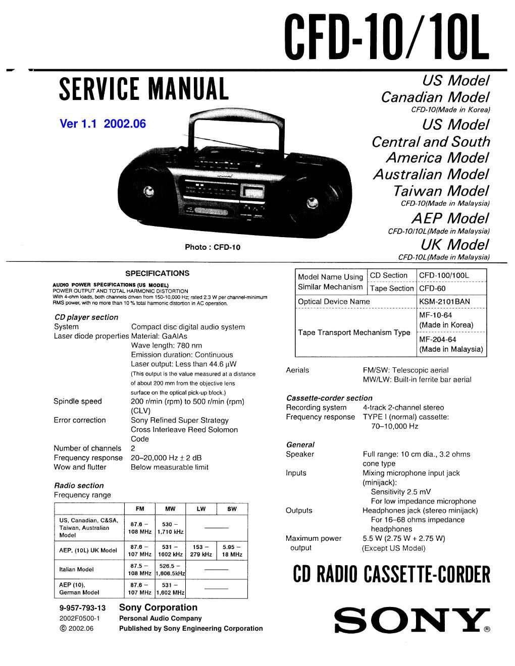 sony cfd 10 service manual