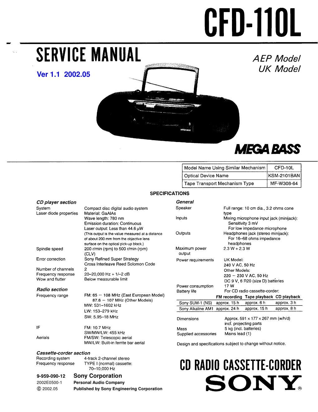 sony cfd 110 l service manual