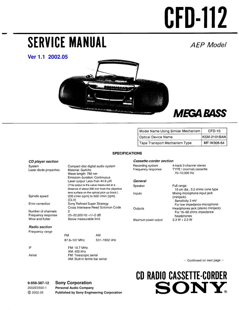 sony cfd 112 service manual