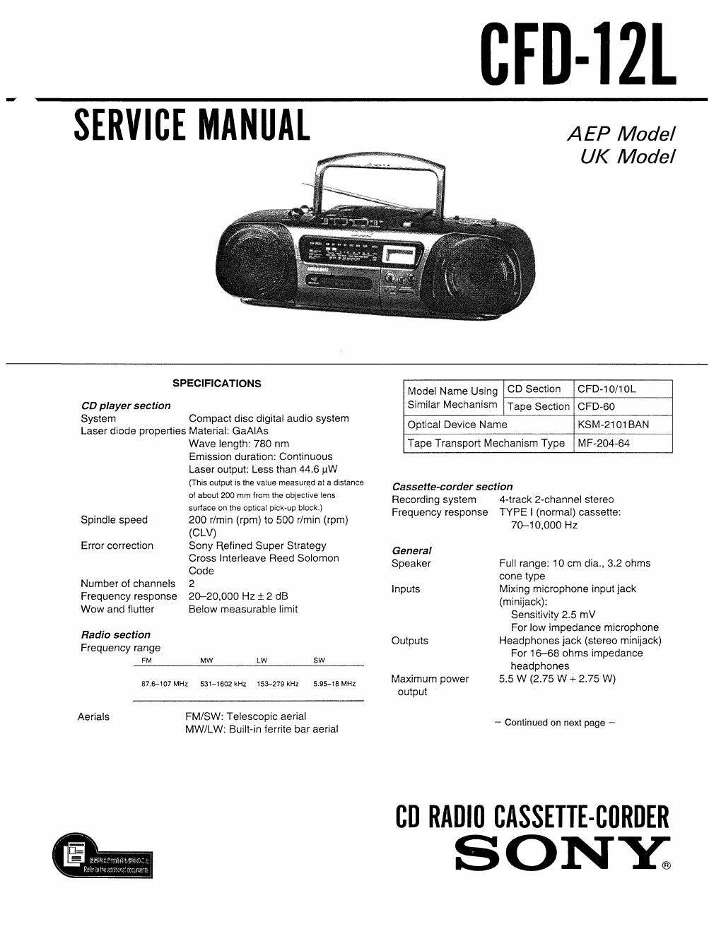 sony cfd 12 l service manual