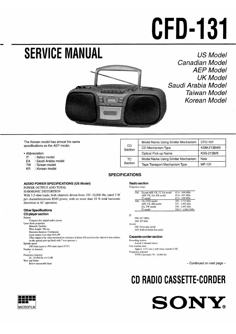 sony cfd 131 service manual