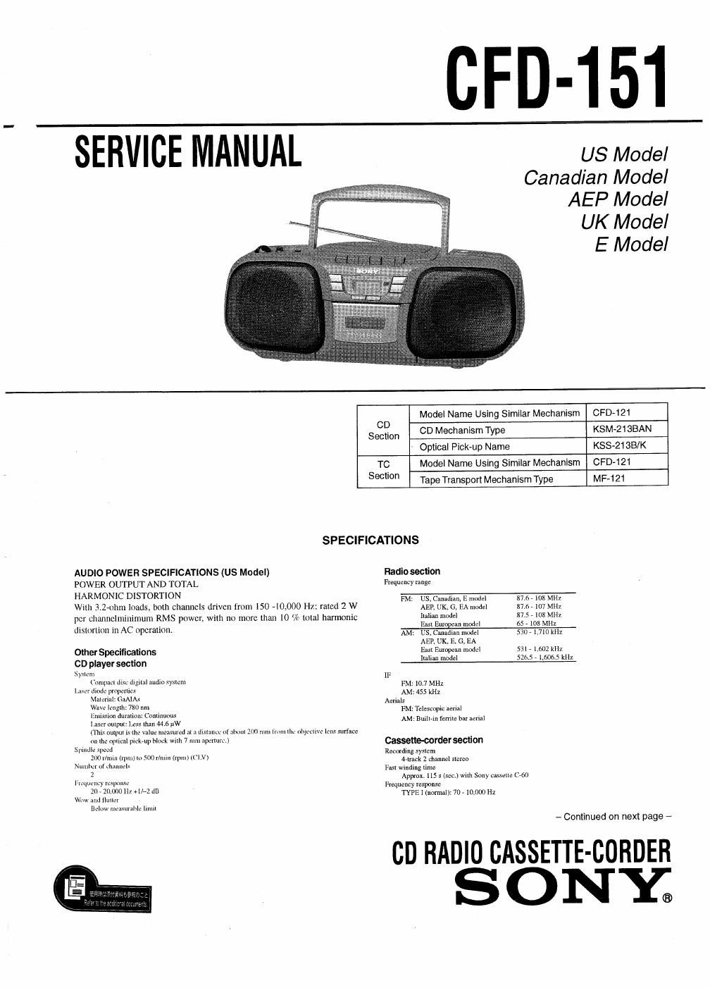 sony cfd 151 service manual