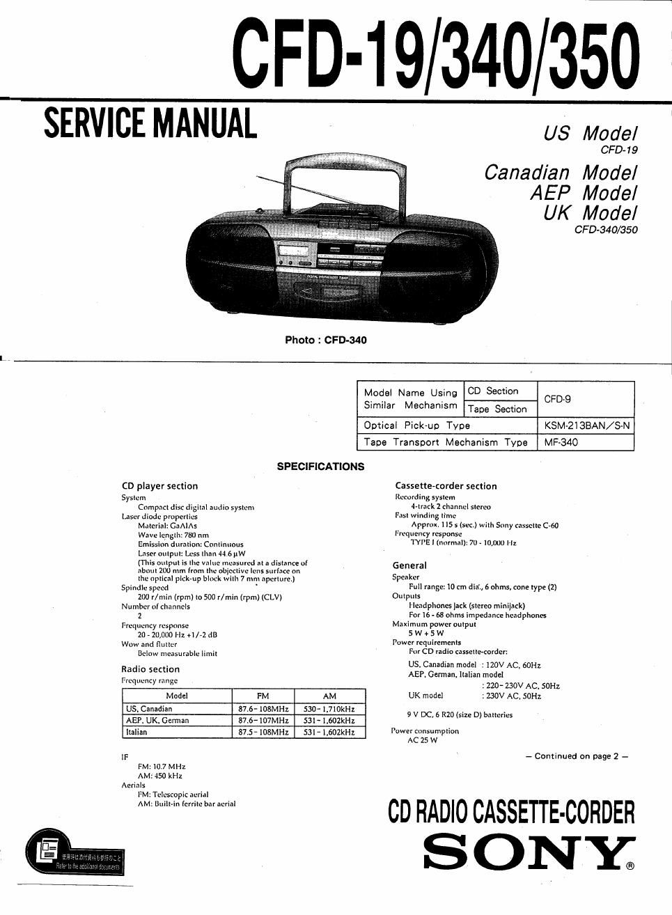 sony cfd 19 owners manual