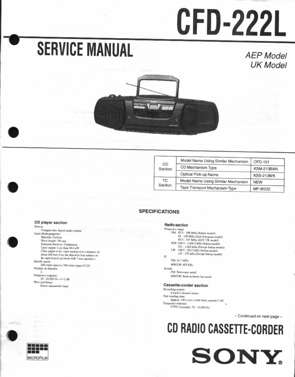 sony cfd 222 l service manual