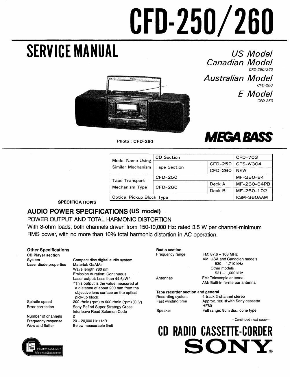 sony cfd 250 service manual
