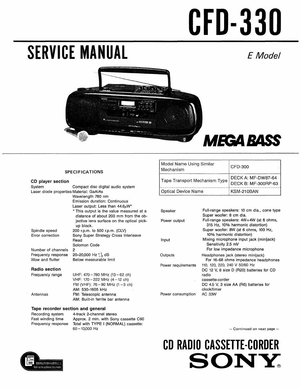sony cfd 330 service manual