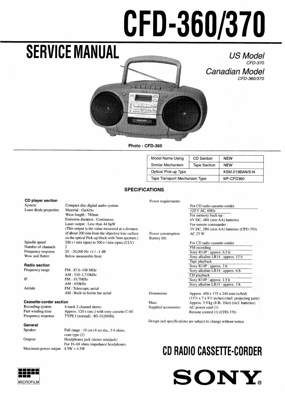 sony cfd 370 service manual