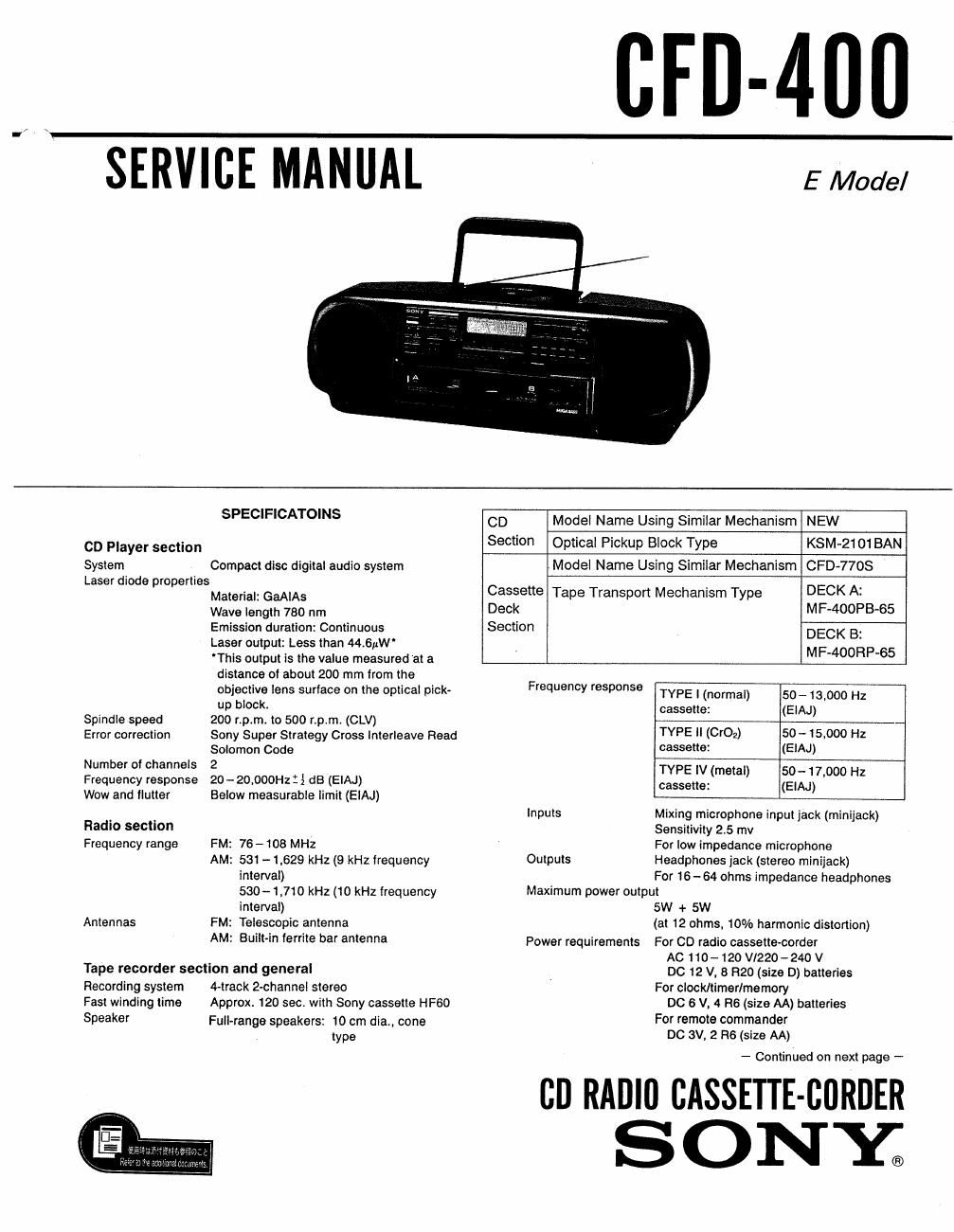 sony cfd 400 service manual