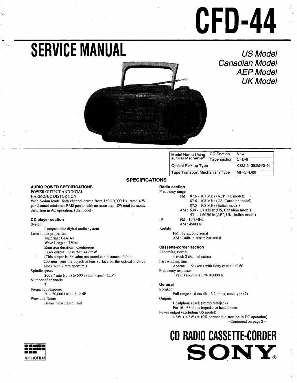 sony cfd 44 service manual