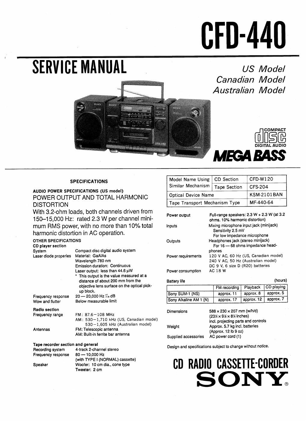 sony cfd 440 service manual
